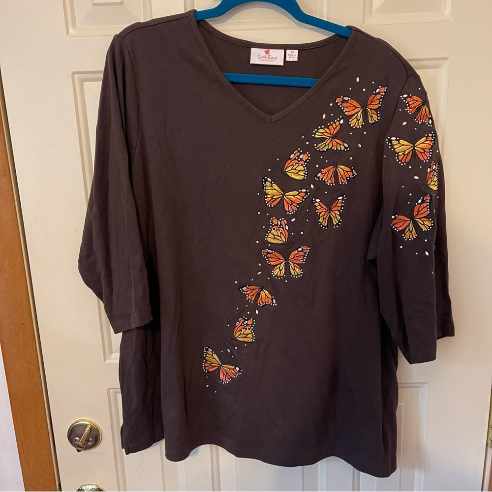 Quacker Factory Monarch Butterfly Embellished V-Neck Top